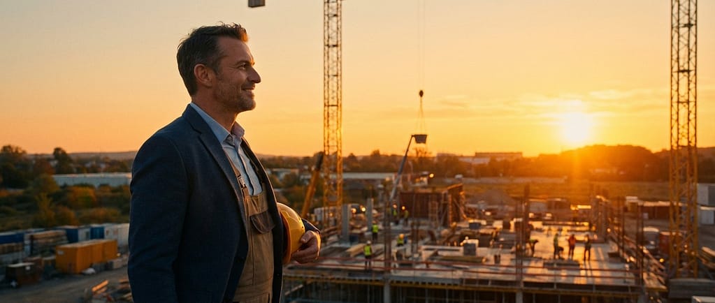 3 Strategie Esclusive per Salvare la Tua Impresa dalla Crisi: Guida Completa dopo il Caso Manelli Costruzioni 2 Imprenditore sicuro che guarda cantiere attivo al tramonto, atmosfera luminosa e positiva, colori caldi arancioni e dorati, inquadratura di profilo, cielo sereno, stile cinematografico di successo