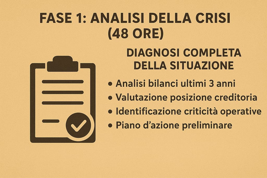 Home 11 ## Fase 1: Analisi della Crisi (48 ore) **"DIAGNOSI COMPLETA DELLA SITUAZIONE"** * Analisi bilanci ultimi 3 anni * Valutazione posizione creditoria * Identificazione criticità operative * Piano d'azione preliminare