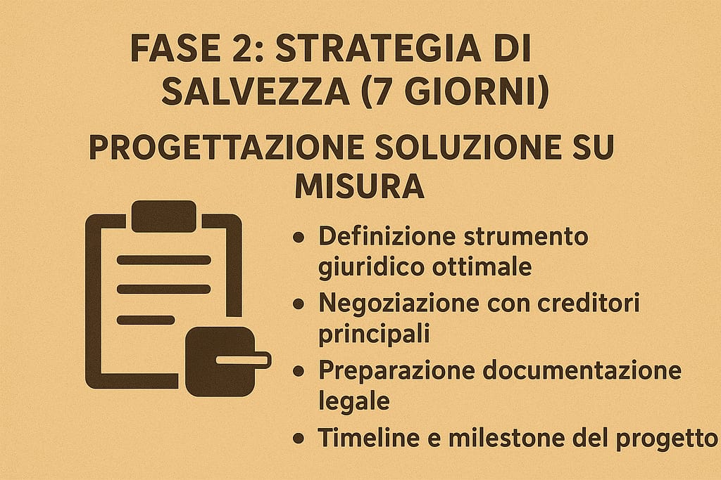Home 12 Fase 2: Strategia di Salvezza (7 giorni) "PROGETTAZIONE SOLUZIONE SU MISURA" Definizione strumento giuridico ottimale Negoziazione con creditori principali Preparazione documentazione legale Timeline e milestone del progetto